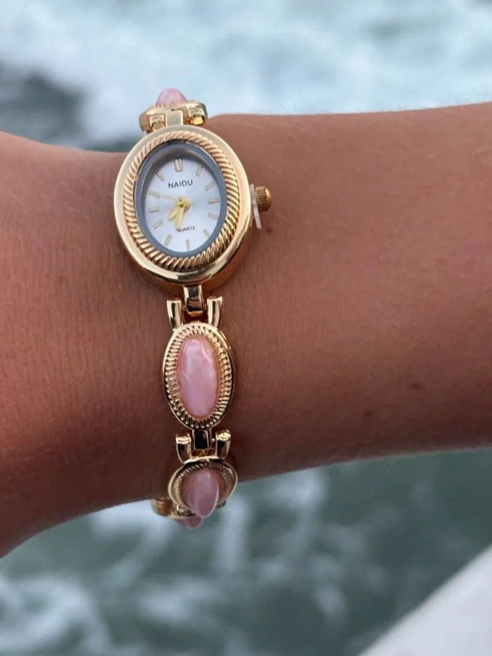Gold Pink Stone Accented Dial Watch Preppy Y2K OS